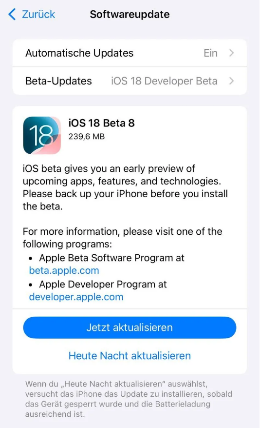 乳山苹果手机维修分享苹果 iOS / iPadOS 18 开发者预览版 Beta 8 发布 